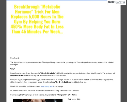 Breakthrough “Metabolic Hormone” Trick For Males Replaces 5,000 Hours In The Fitness center By Serving to You Burn 450% Extra Physique Fats In Much less Than 45 Minutes Per Week…